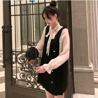 Ribbon-neckline Mock Two-piece Dress