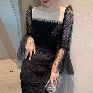 Long-sleeve Smocked Midi Sheath Dress