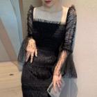 Long-sleeve Smocked Midi Sheath Dress