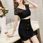 Lace Cut-out Short-sleeve Mini Sheath Dress