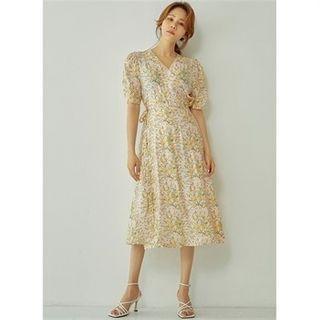 Puff-sleeve Floral Print Wrap Dress