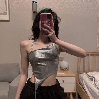Lace-up Back Asymmetrical Cropped Halter Top