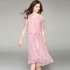 Set: Elbow-sleeve Silk Top + Silk Spaghetti Strap Dress
