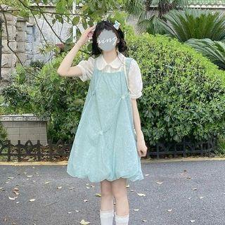 Puff-sleeve Blouse / Floral Print Overall Dress / Set