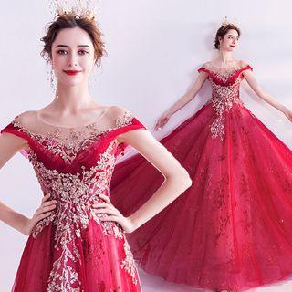 Cap-sleeve Embroidered Glitter Mesh A-line Gown