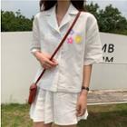 Flower Elbow-sleeve Shirt / Pleated Mini Skirt
