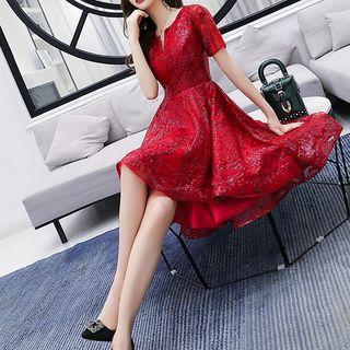 Short-sleeve Sequin High-low Prom Dress