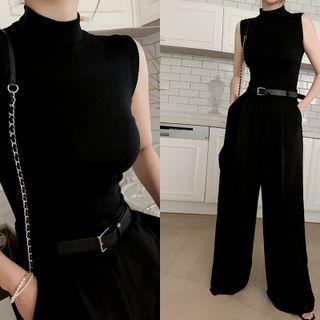Mock-neck Sleeveless Knit Top Black - One Size