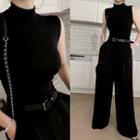 Mock-neck Sleeveless Knit Top Black - One Size
