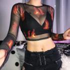 Fire Print Long-sleeve Crop Top