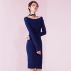 Off Shoulder Long-sleeve Knitted Midi Dress