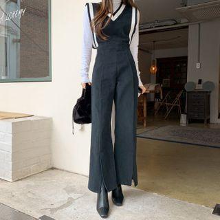 Piped Slit-hem Boot-cut Jumpsuit Black - One Size