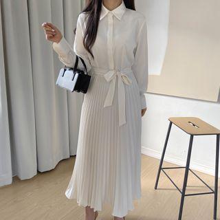 Hidden-button Pleated-hem Shirtdress