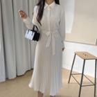 Hidden-button Pleated-hem Shirtdress