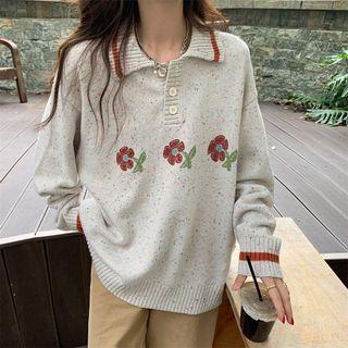 Lapel Flower Pattern Long-sleeve Knit Top Gray - One Size