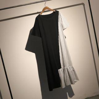 Short-sleeve Striped Panel Ruffled Midi Dress