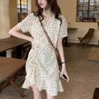 Short-sleeve Dotted Drawstring Mini Sheath Dress Almond - One Size