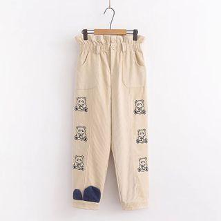 Bear Embroidered Corduroy Straight-leg Pants