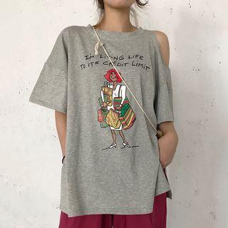 Shoulder Cut Out Short-sleeve Printed T-shirt