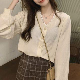 V-neck Lace Flower Trim Long-sleeve Shirt Almond - One Size