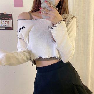 Embroidered Camisole / Long-sleeve Ruffled Top / Lace Hem Skirt