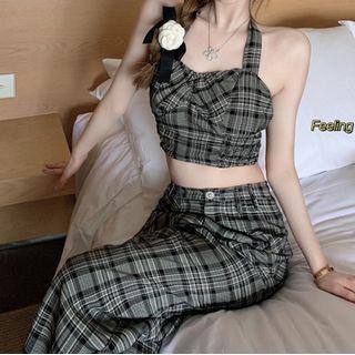 Halter-neck Plaid Crop Top / Wide Leg Pants