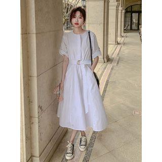 Short-sleeve Plain Midi Smock Dress