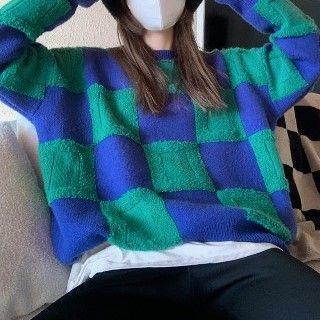 Plaid Sweater Bluish Green - One Size