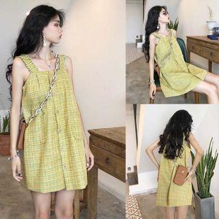 Wide Strap Tweed Mini A-line Dress Light Green - One Size