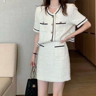 Set: Short-sleeve Contrast Trim Jacket + Mini A-line Skirt