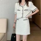 Set: Short-sleeve Contrast Trim Jacket + Mini A-line Skirt