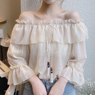 Elbow-sleeve Striped Frill Trim Chiffon Top