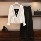 Set: Long-sleeve Peplum Blouse + Wide-leg Pants
