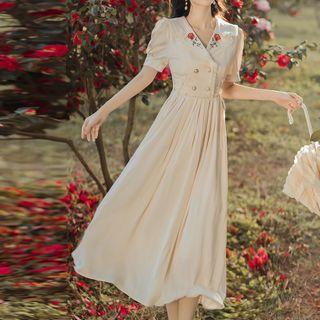 Puff-sleeve Floral Embroidered Lace-up Midi A-line Dress