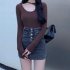 Long-sleeve Cutout Top / Denim Mini Fitted Skirt