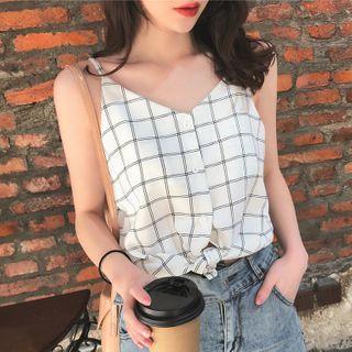 Spaghetti Strap Plaid Buttoned Top