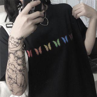 Elbow-sleeve Butterfly Print T-shirt Black - One Size