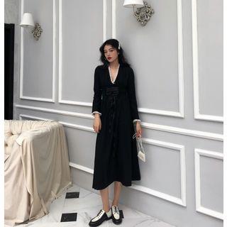 Long-sleeve Chiffon Trim Midi A-line Dress