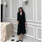 Long-sleeve Chiffon Trim Midi A-line Dress