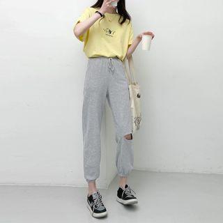 High-waist Plain Straight-cut Ripped Pants