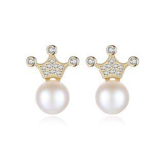 Sterling Silver Plated Gold Simple Fashion Crown White Freshwater Pearl Earrings With Cubic Zirconia Golden - One Size