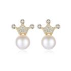 Sterling Silver Plated Gold Simple Fashion Crown White Freshwater Pearl Earrings With Cubic Zirconia Golden - One Size