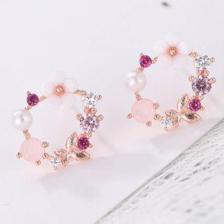 925 Sterling Silver Flower Faux Pearl Hoop Earring Pink - One Size