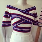Striped V-neck Short Sleeve Knit T-shirt