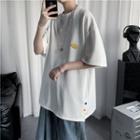 Elbow-sleeve Buttoned Hem T-shirt