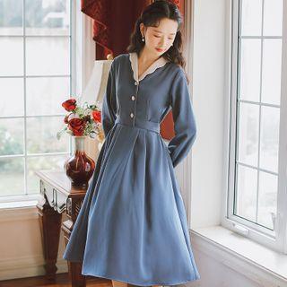 Contrast Color Collar Long-sleeve A-line Dress