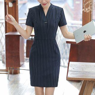 Short-sleeve Stripe V-neck Dress