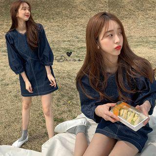 Denim Elbow-sleeve A-line Dress Denim Blue - One Size