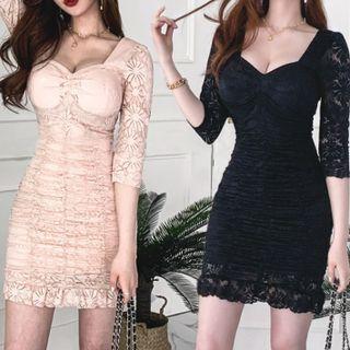 3/4-sleeve Ruched Lace Mini Sheath Dress