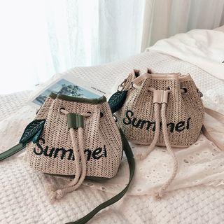 Letter Embroidered Straw Bucket Bag